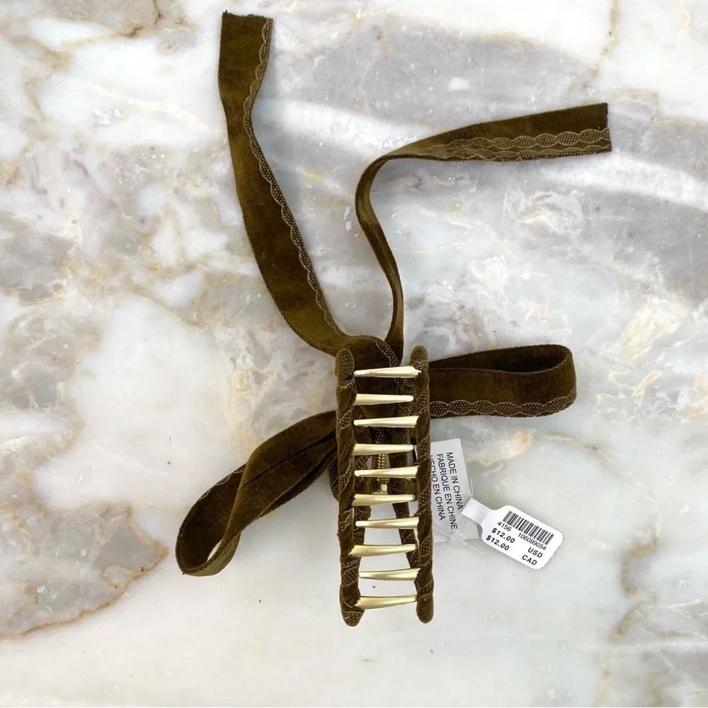 Anthropologie Set of 3 Ribbon Gold Claw Hair Clips Olive + Gray + Burgundy NWT